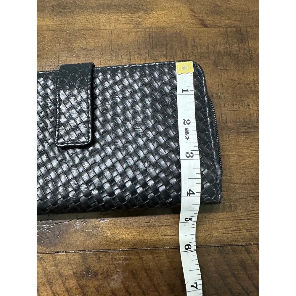 Black Woven Faux Leather Wristlet Wallet Zip Around Clutch with ID Windows - Picture 8 of 8